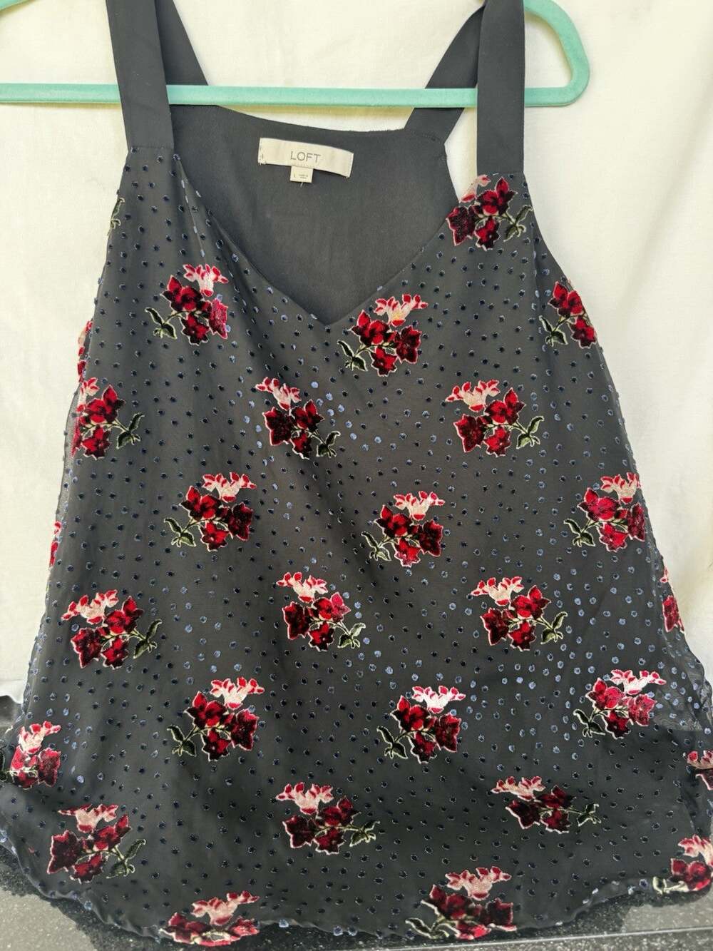 Loft Black Floral Velvet Dot mesh Sleeveless Blouse Womens L Romantic whimsygoth